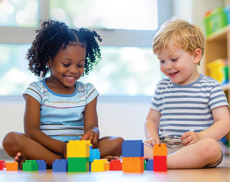 two children playing with building blocks
